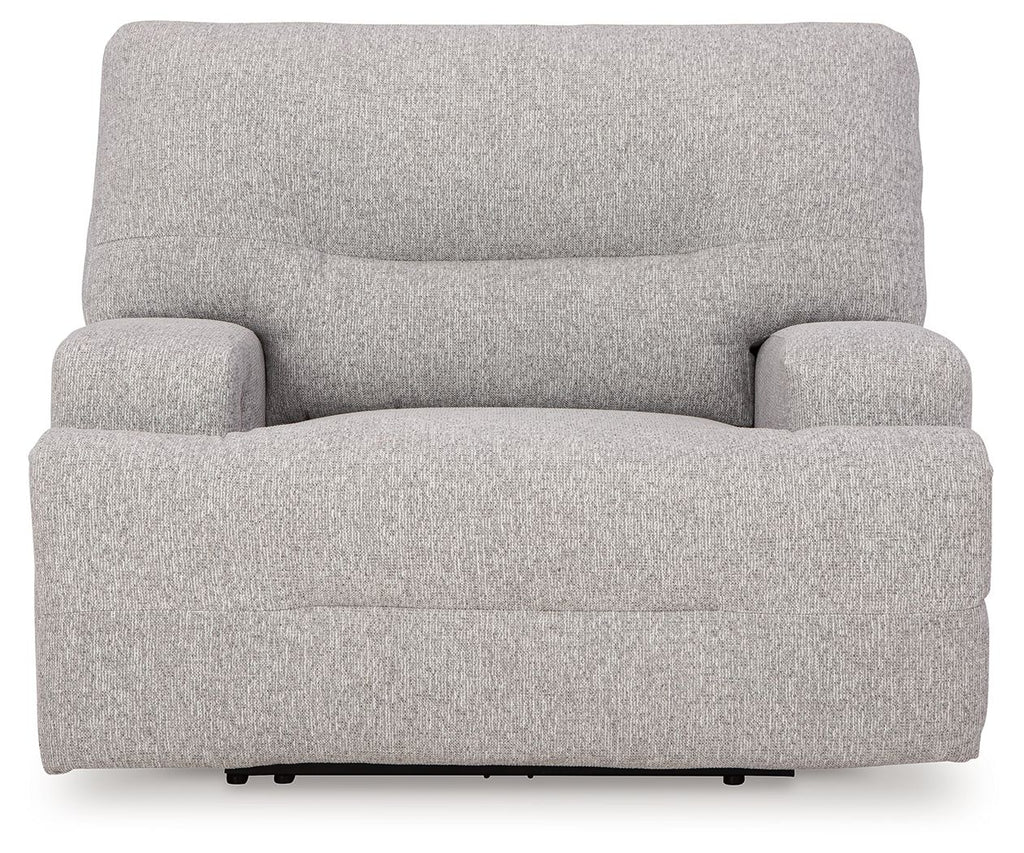 Wide seat power recliner in light gray, front view with power base legs.