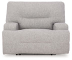 Wide seat power recliner in light gray, front view with power base legs.