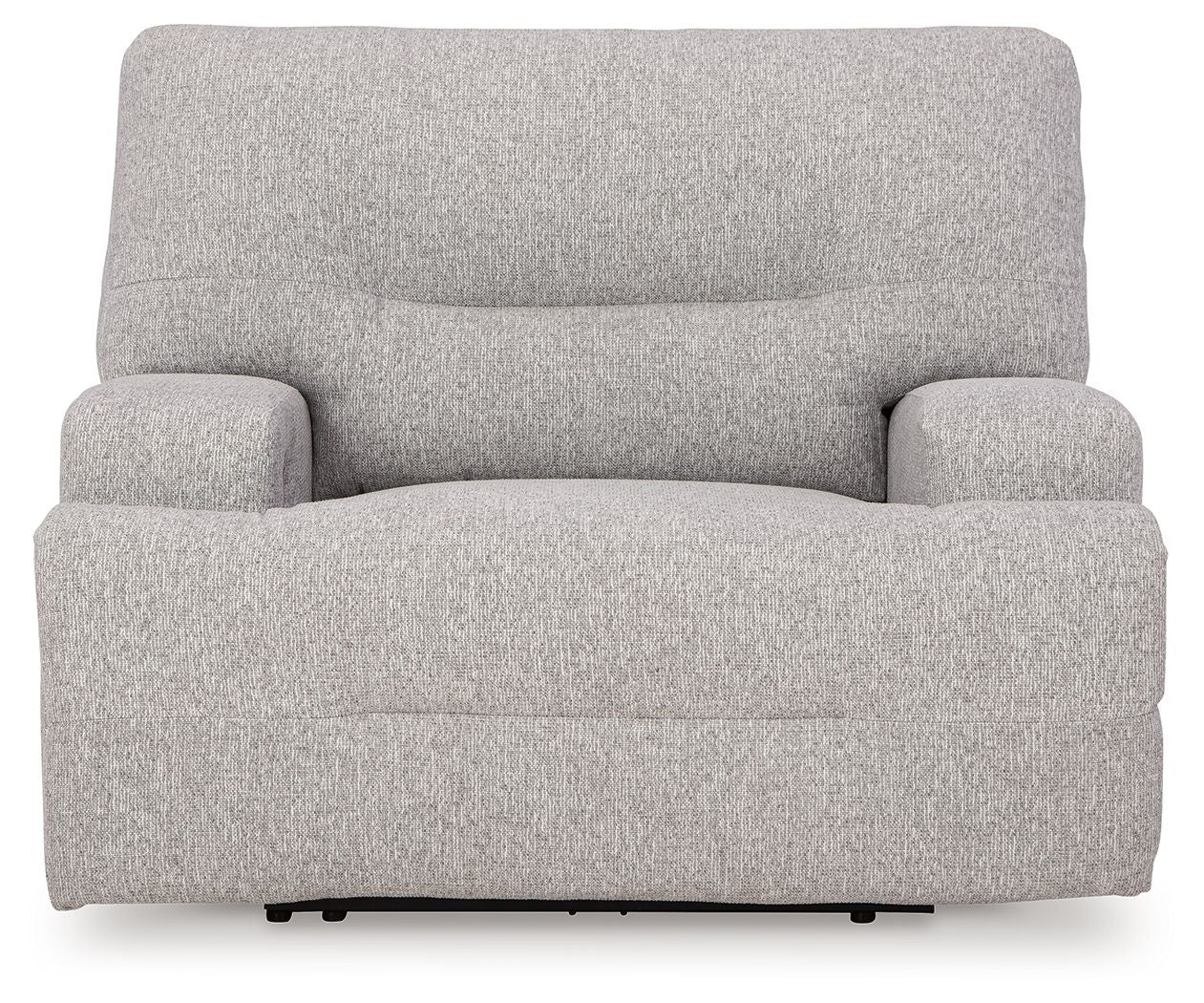 Wide seat power recliner in light gray, front view with power base legs.