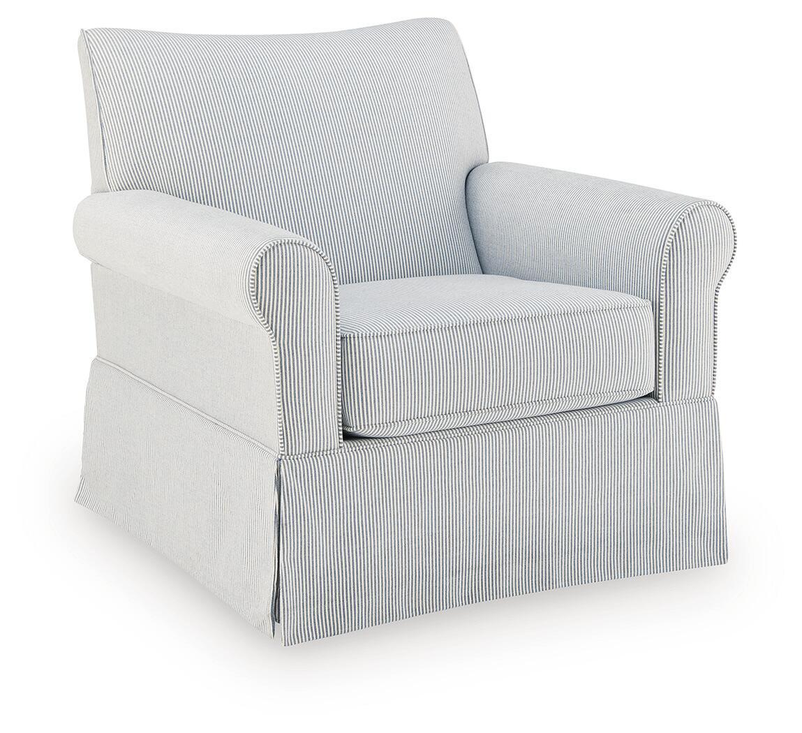 Light gray pinstripe upholstered swivel glider accent chair with round arms and skirted base.