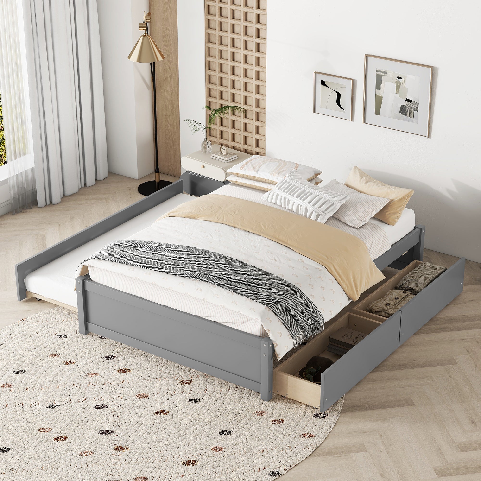 Grey Full Bed w/ Twin Trundle & 2 Drawers