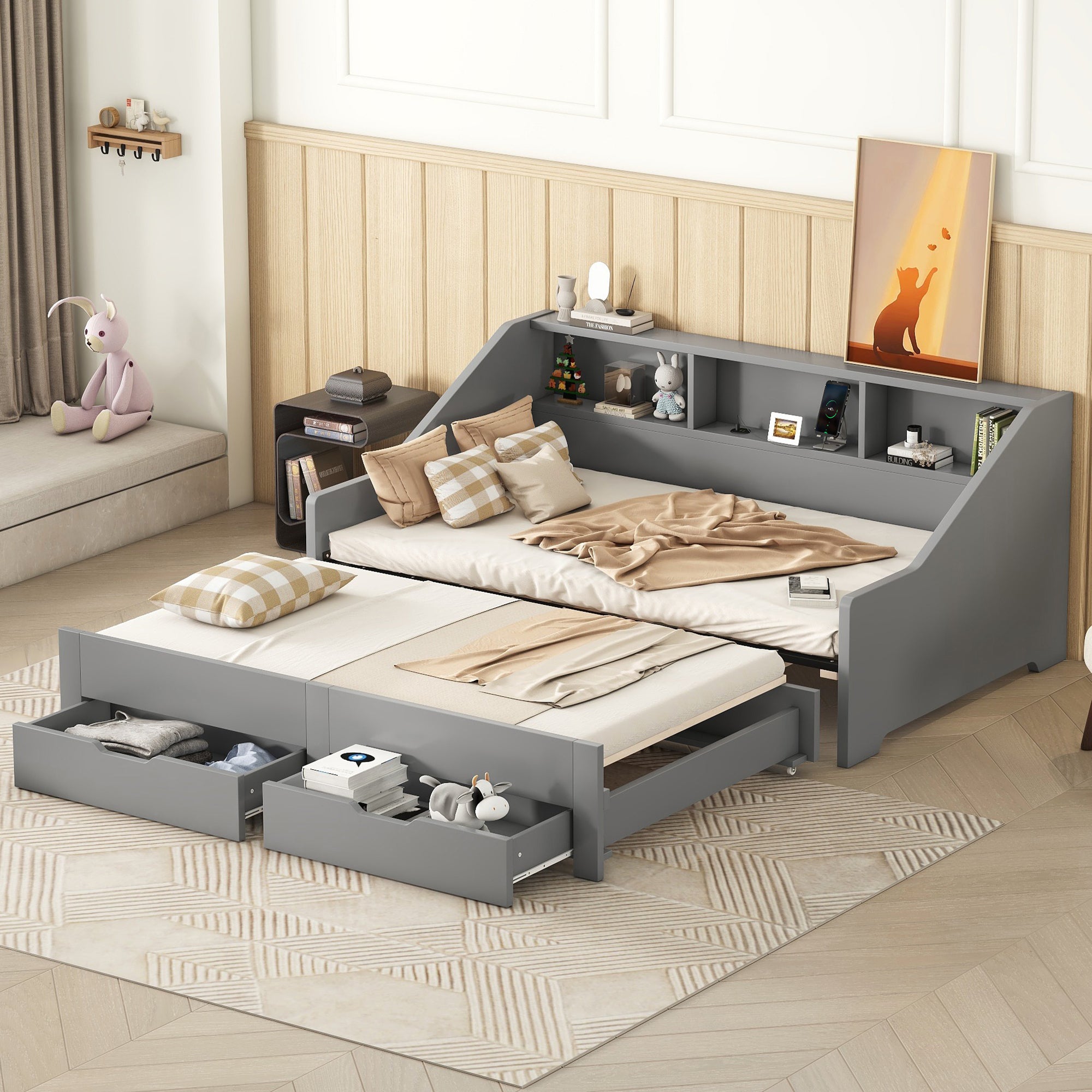 Gray Twin-King Daybed Frame w/Storage, Bookcases, Drawers & Charging