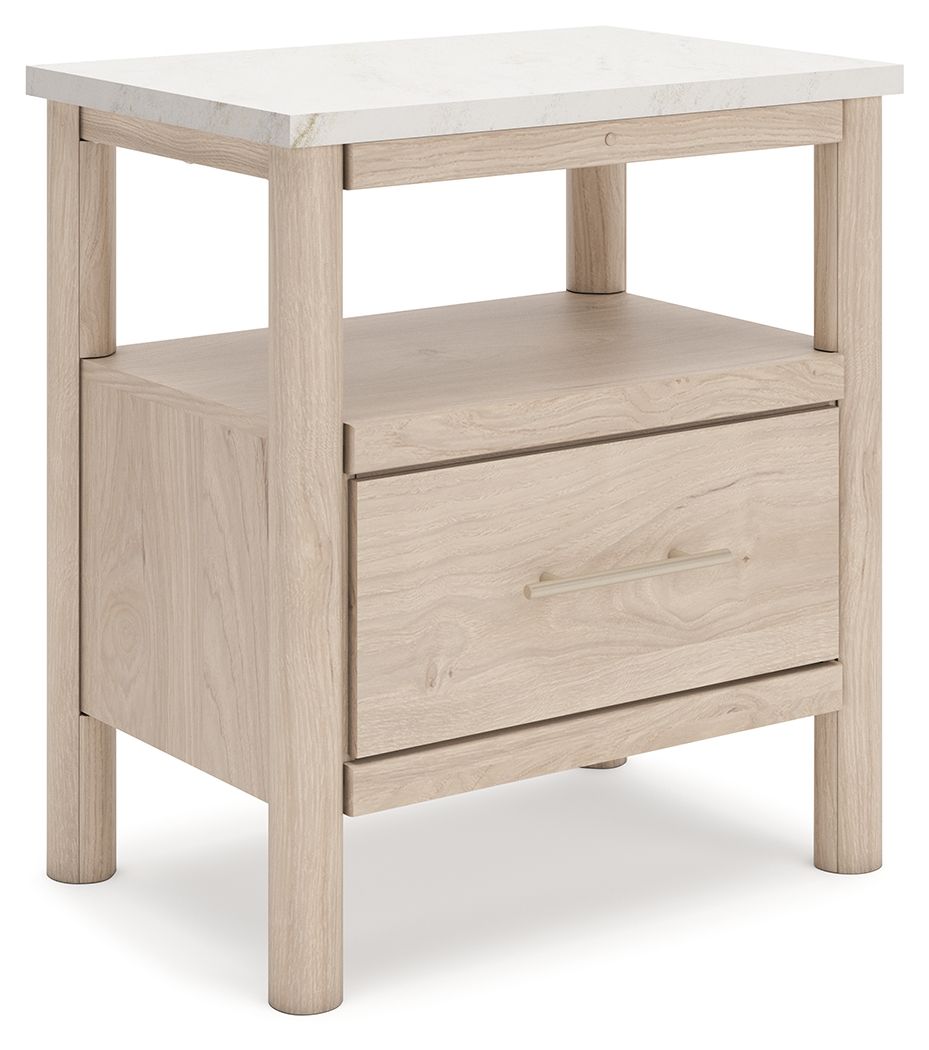 Beige one-drawer night stand with recessed front drawer and bottom shelf