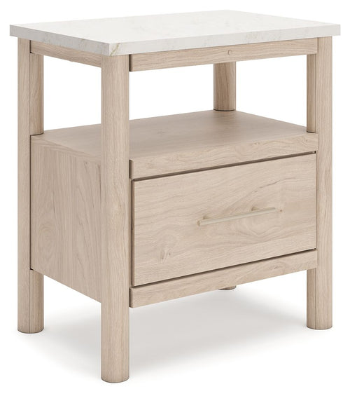Beige one-drawer night stand with recessed front drawer and bottom shelf