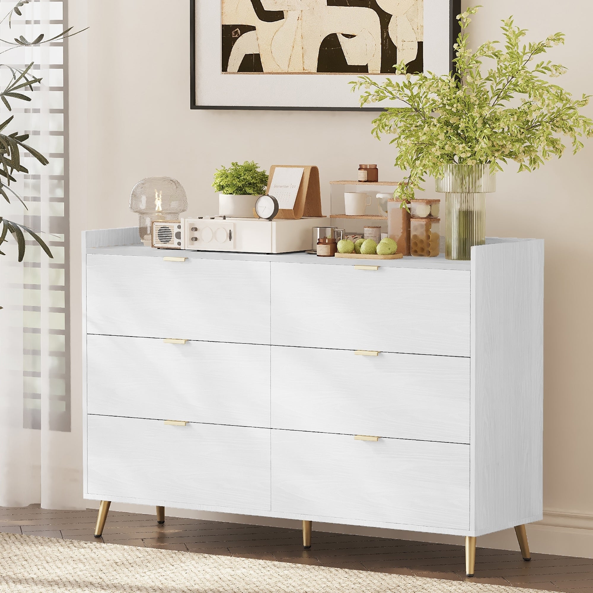 55" White Dresser with Marbling Top & Metal Legs