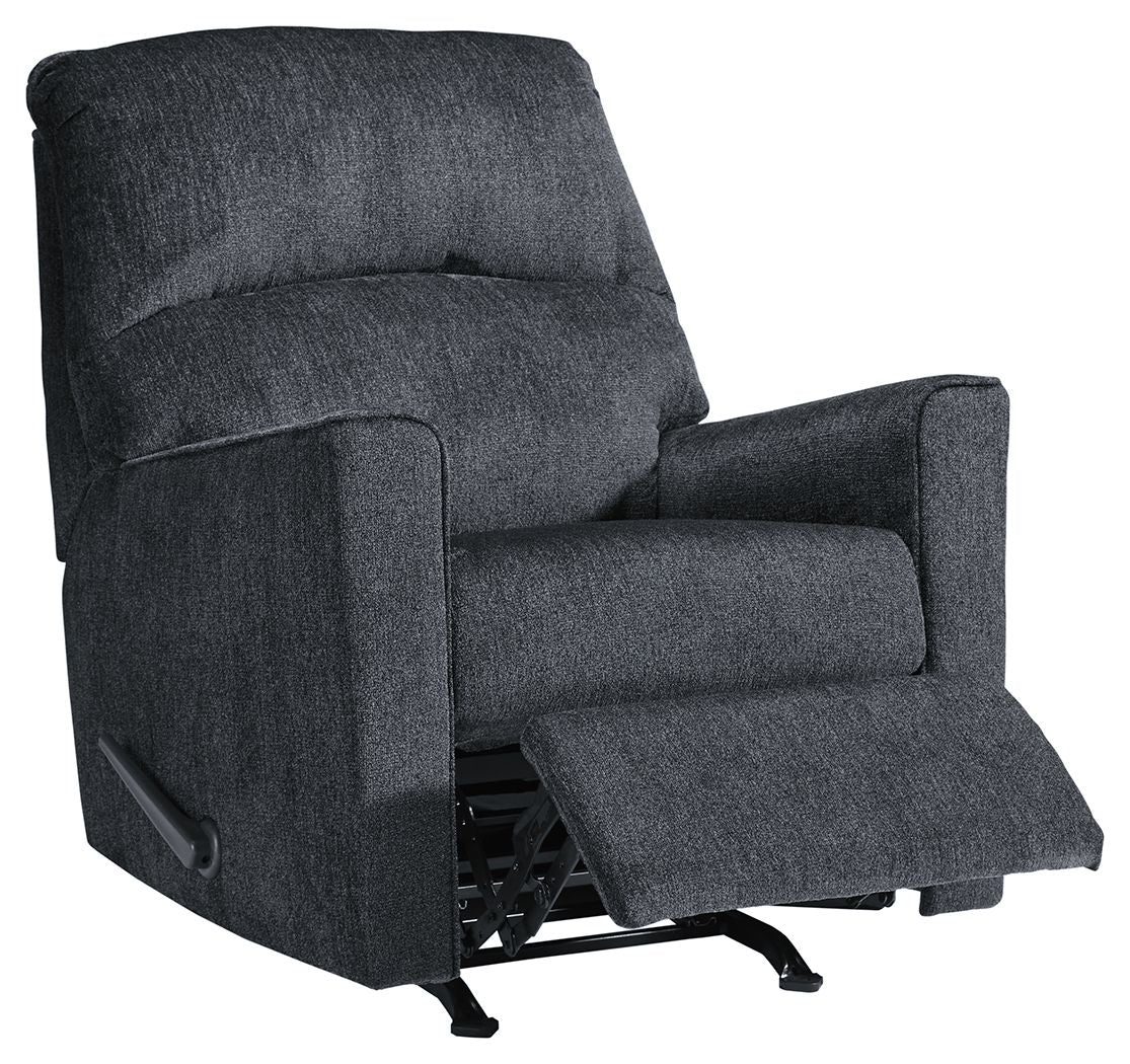 Altari slate rocker recliner with extended footrest, curved back and padded armrests