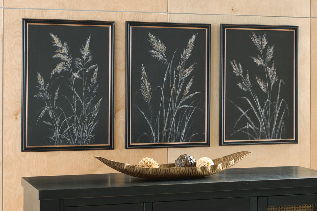 Framed botanical wall art set of 3, black frames with feather print design