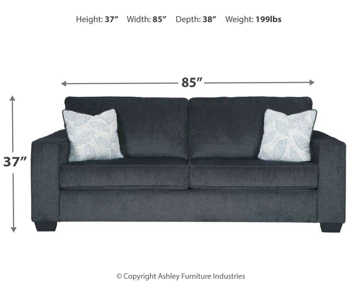 Slate sleeper sofa with two square patterned throw pillows, front profile view