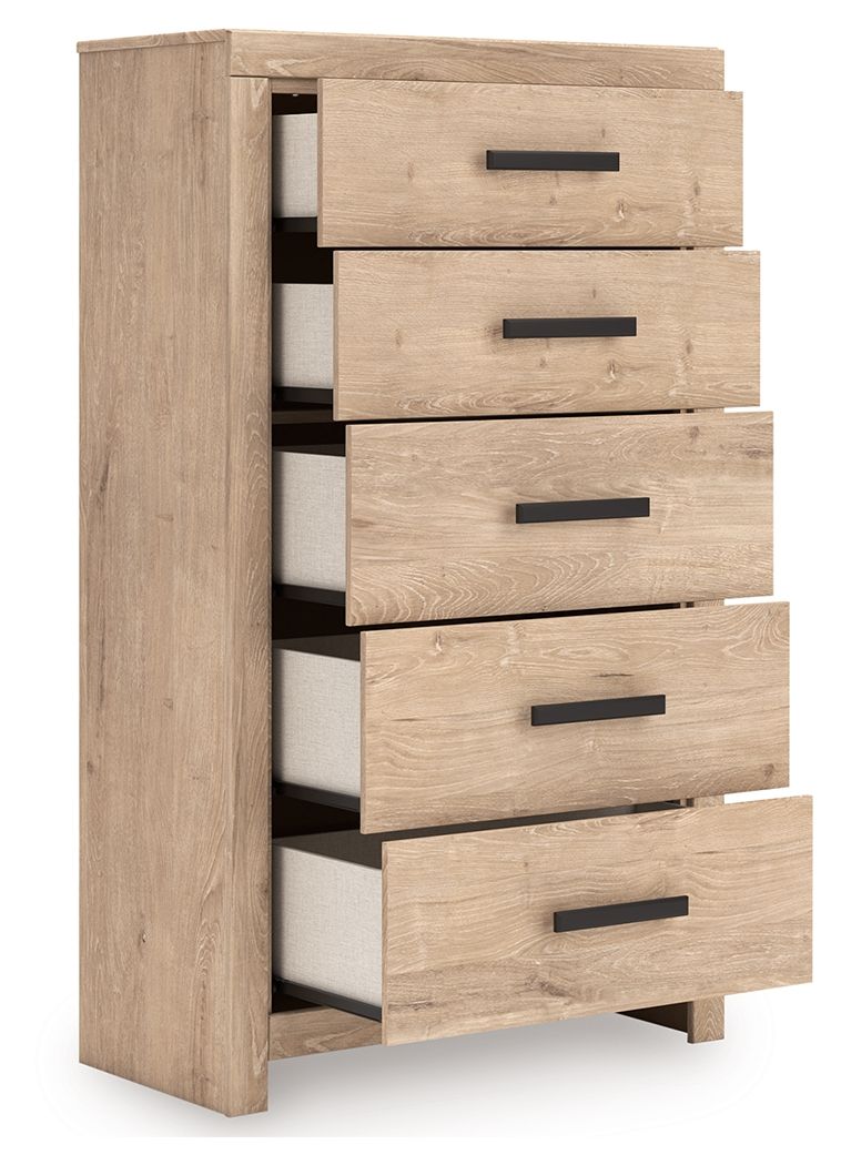 Five-drawer chest in light tan wood with five black bar pulls, drawers ajar