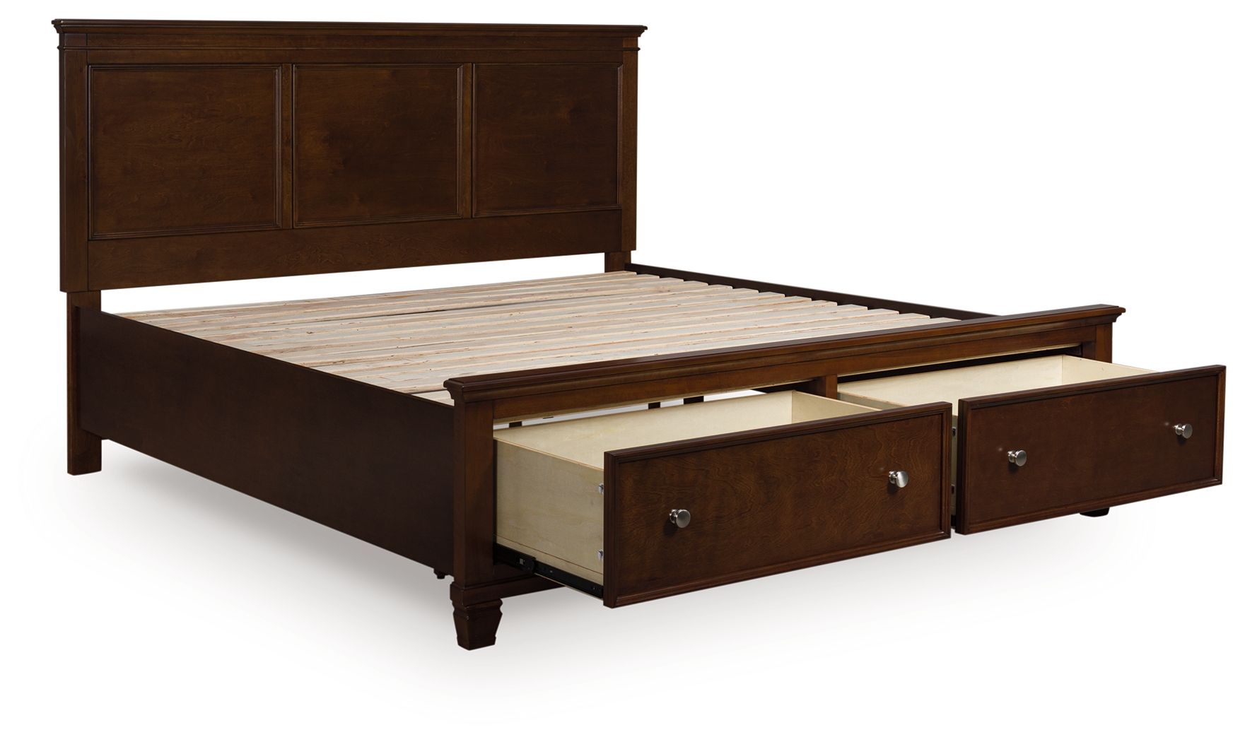 Dark brown panel bed with two front drawers and open lift-up mattress platform