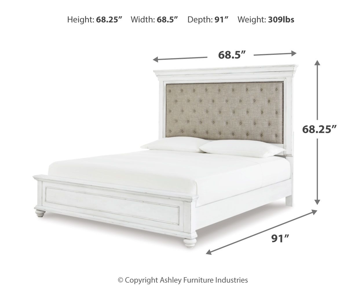 Upholstered panel bed dimension chart: height 68.25 in, width 68.5 in
