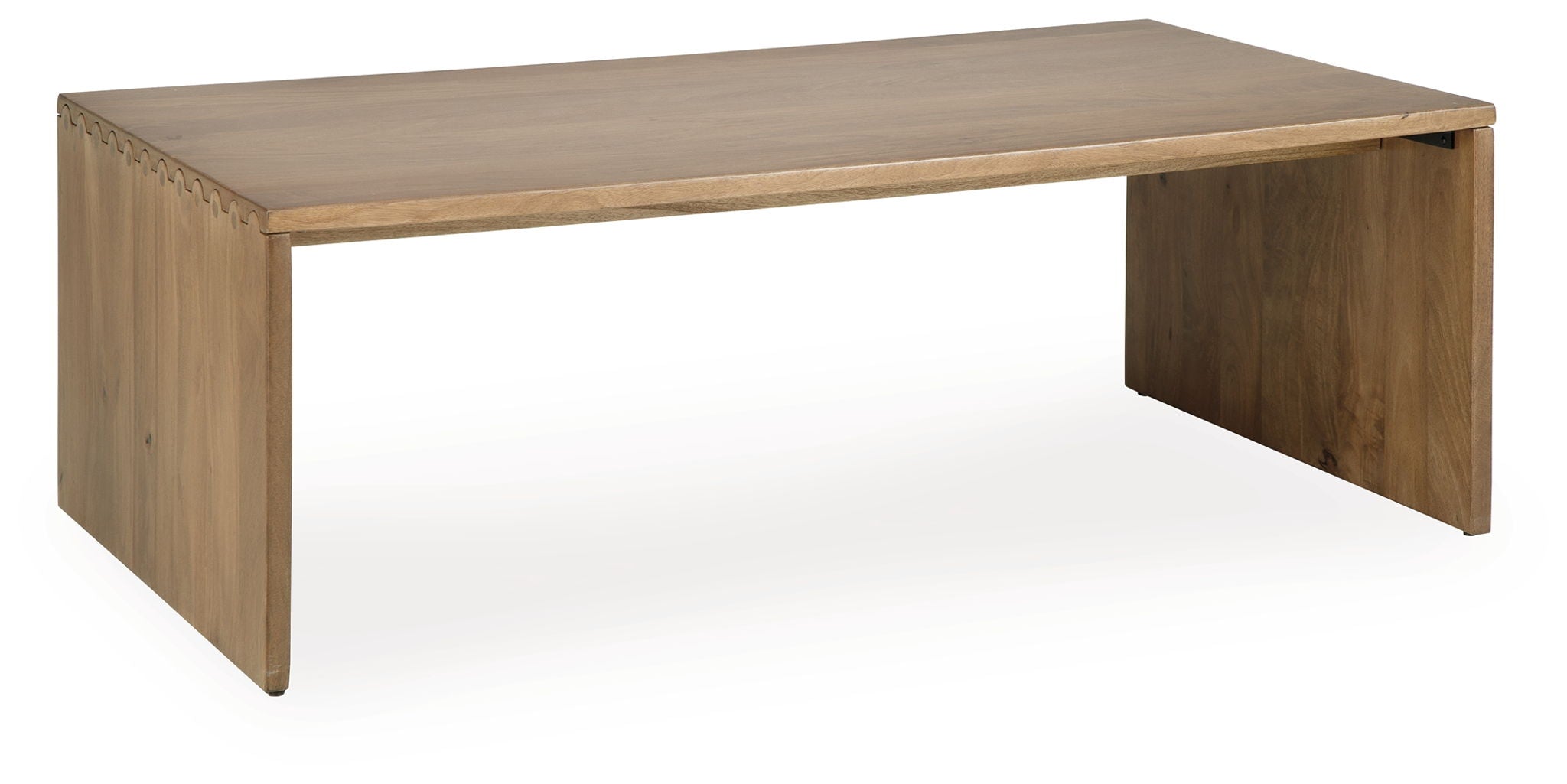 Light brown rectangular table with angled legs and open underside