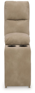 Sand beige upholstered console chair with storage base and two circular cup holders