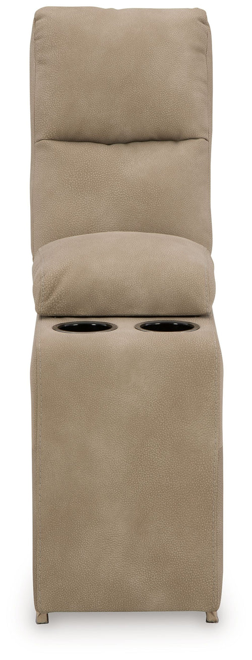 Sand beige upholstered console chair with storage base and two circular cup holders