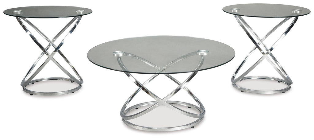 Chrome occasional table set with three round glass tops and X-shaped bases