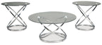 Chrome occasional table set with three round glass tops and X-shaped bases