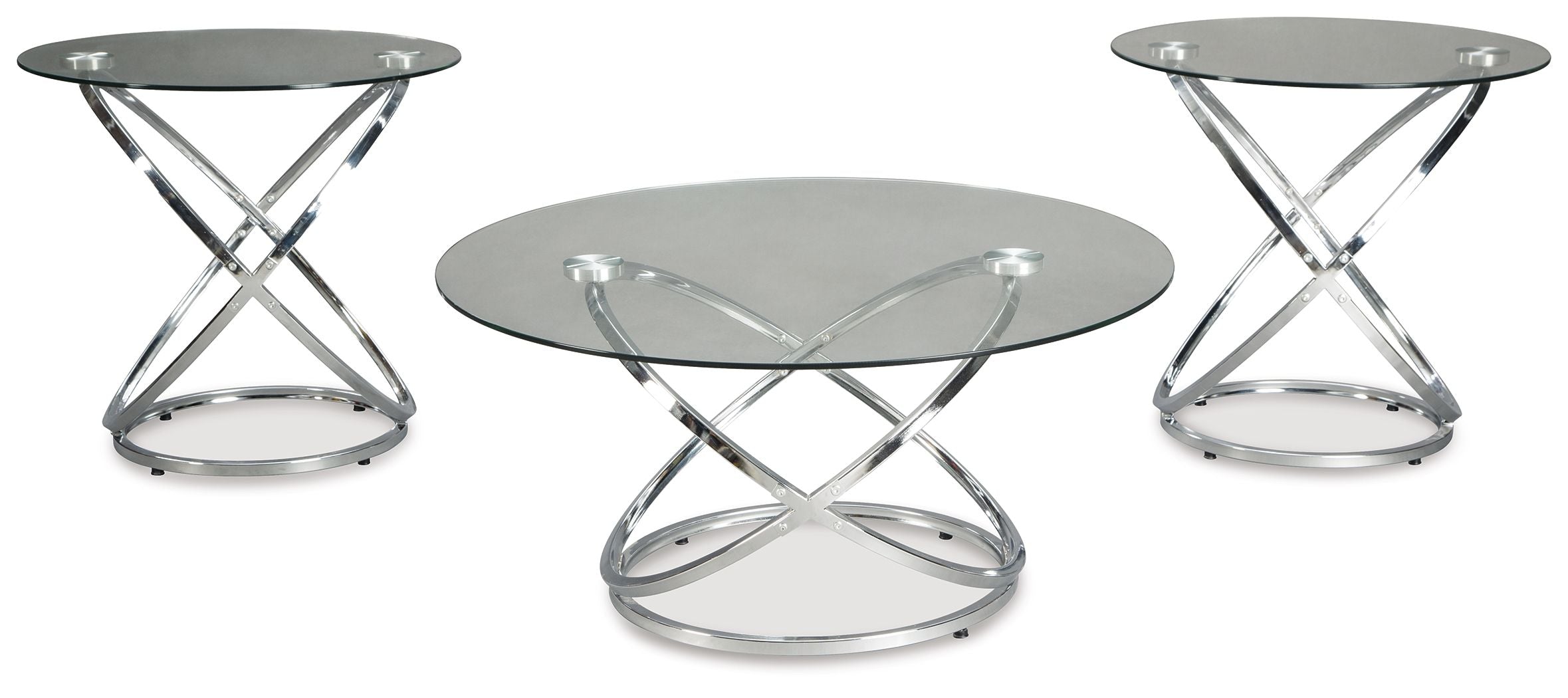 Chrome occasional table set with three round glass tops and X-shaped bases