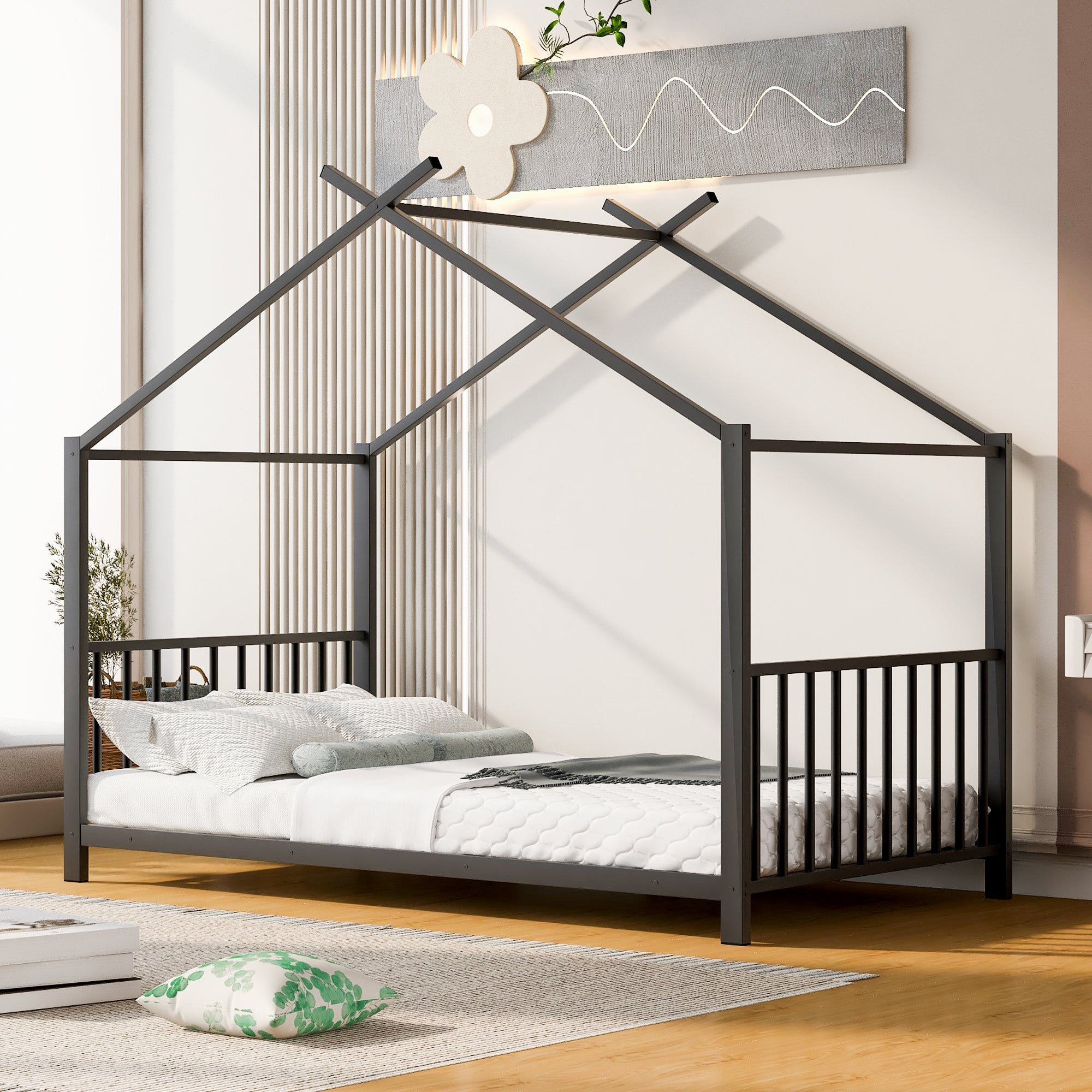 Twin Size Black Metal House Platform Bed - Sturdy & Stylish