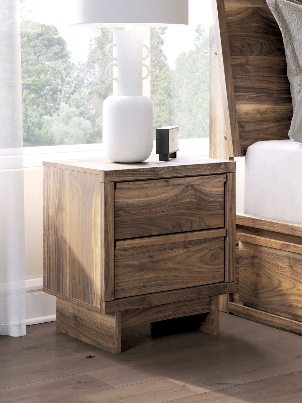 Brown wood two-drawer night stand with centered drawers and open base frame