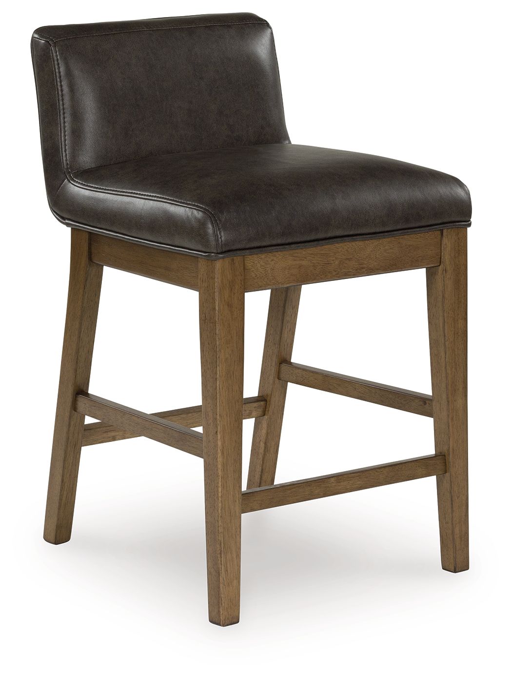 Dark brown upholstered barstool with padded back and seat, light wood legs