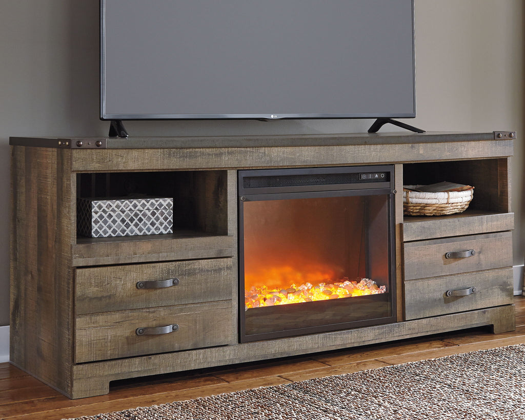 Dark brown TV stand with central fireplace insert, side drawers, and open media shelf