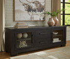 Extra large black TV stand with open shelves, two drawers, and glass cabinet doors