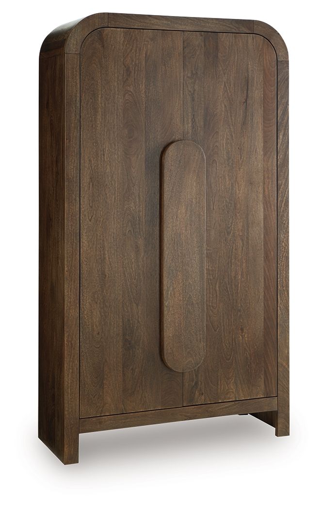 Medium brown accent cabinet with arched door panel and recessed vertical handle