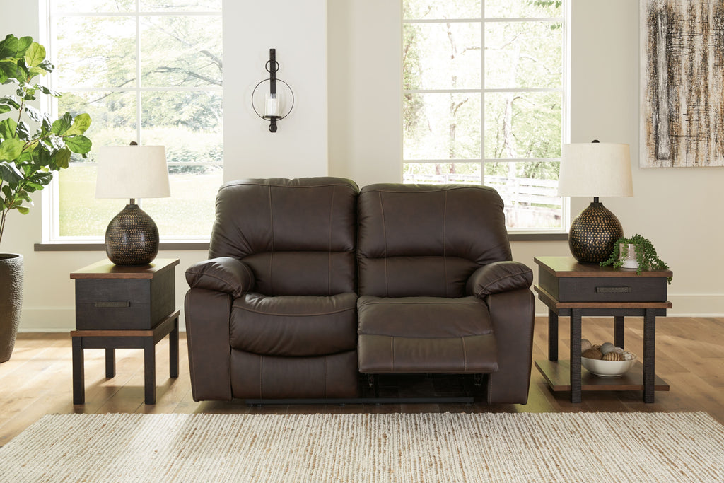 Power reclining loveseat, dark brown faux leather with padded recline and footrests