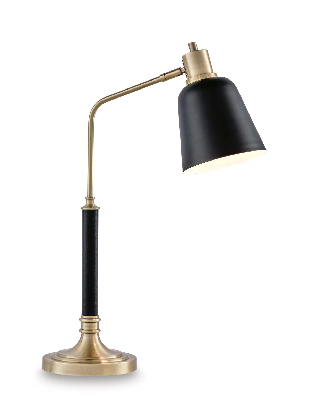 Black cone shade lamp with brass curved arm and round base, angled view