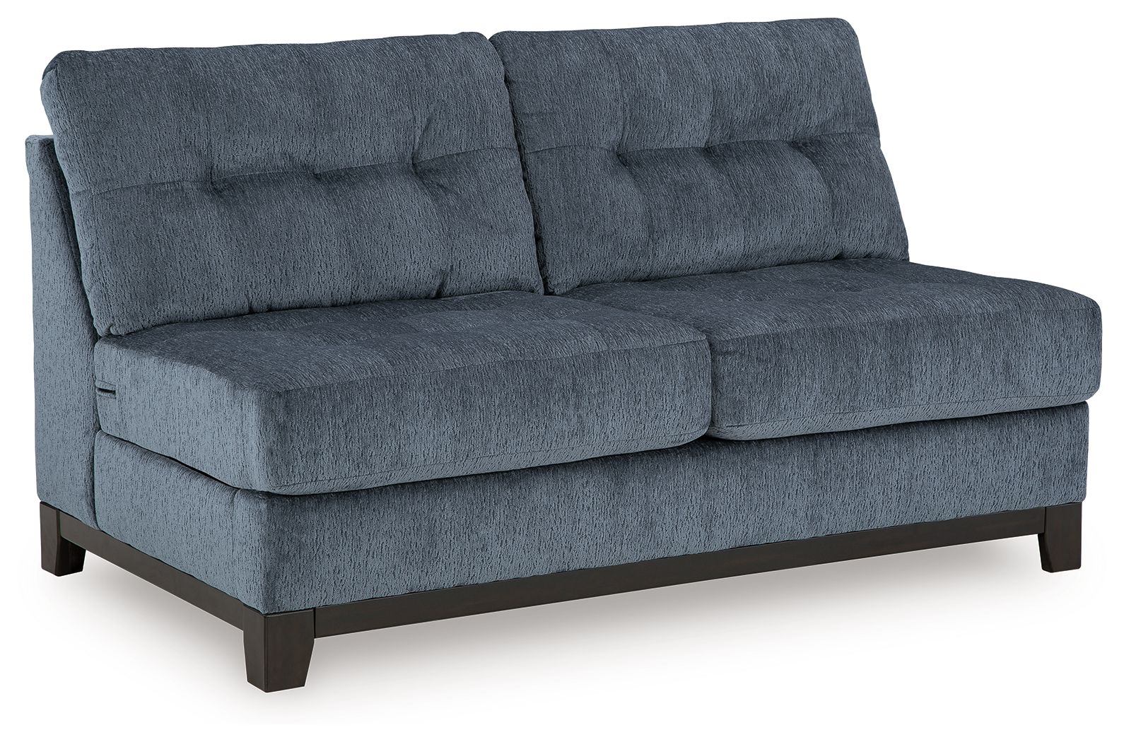 Navy armless loveseat with tufted back cushions, deep seat, and dark legs