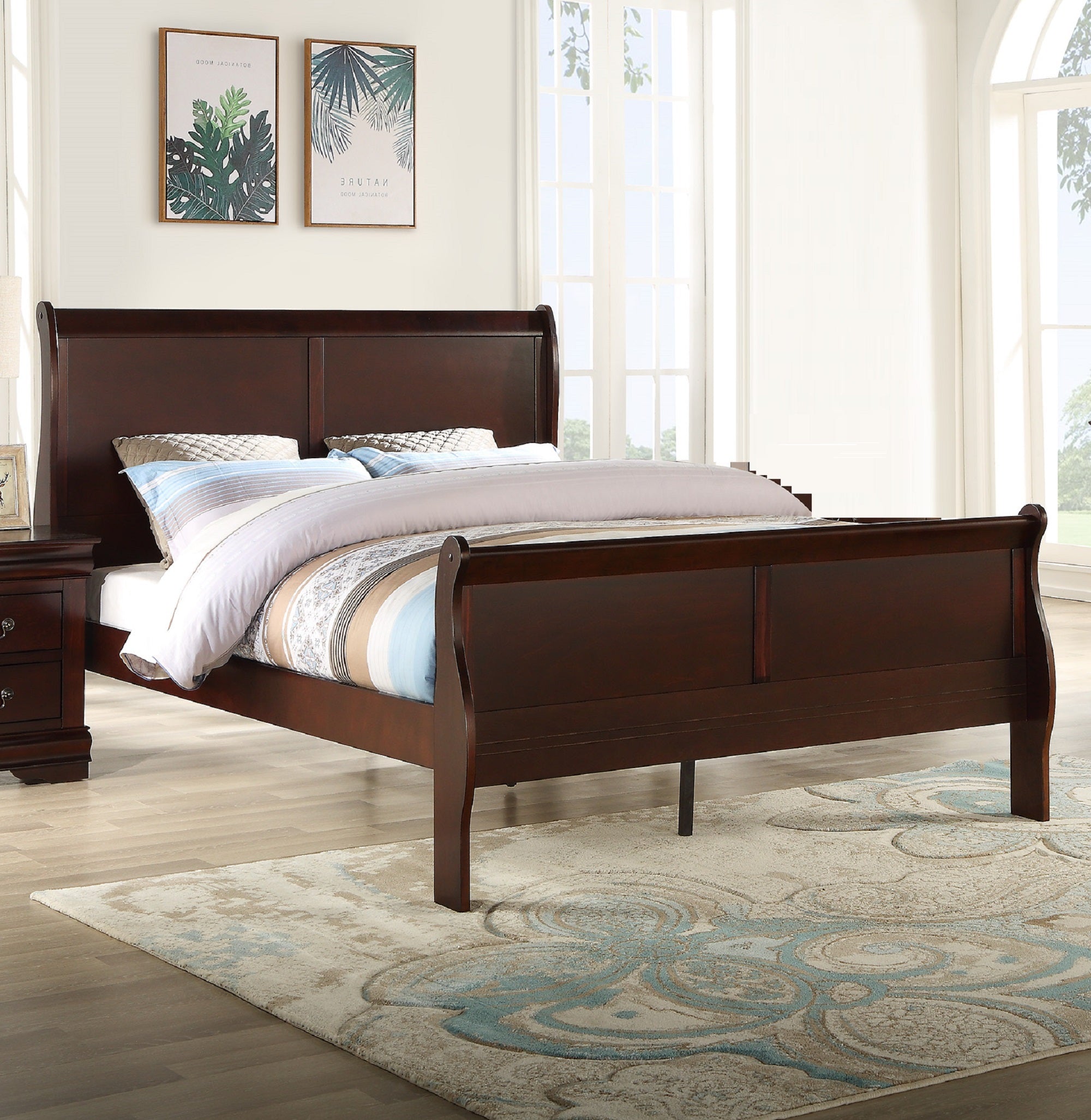 Louis Phillipe Brown Cherry Full Sleigh Bed - Solid Wood Furniture