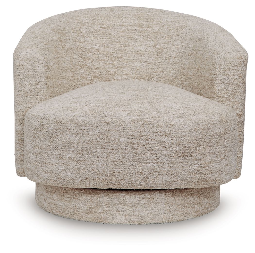 Wardsor swivel chair, stone textured fabric, front view with wide rounded seat.