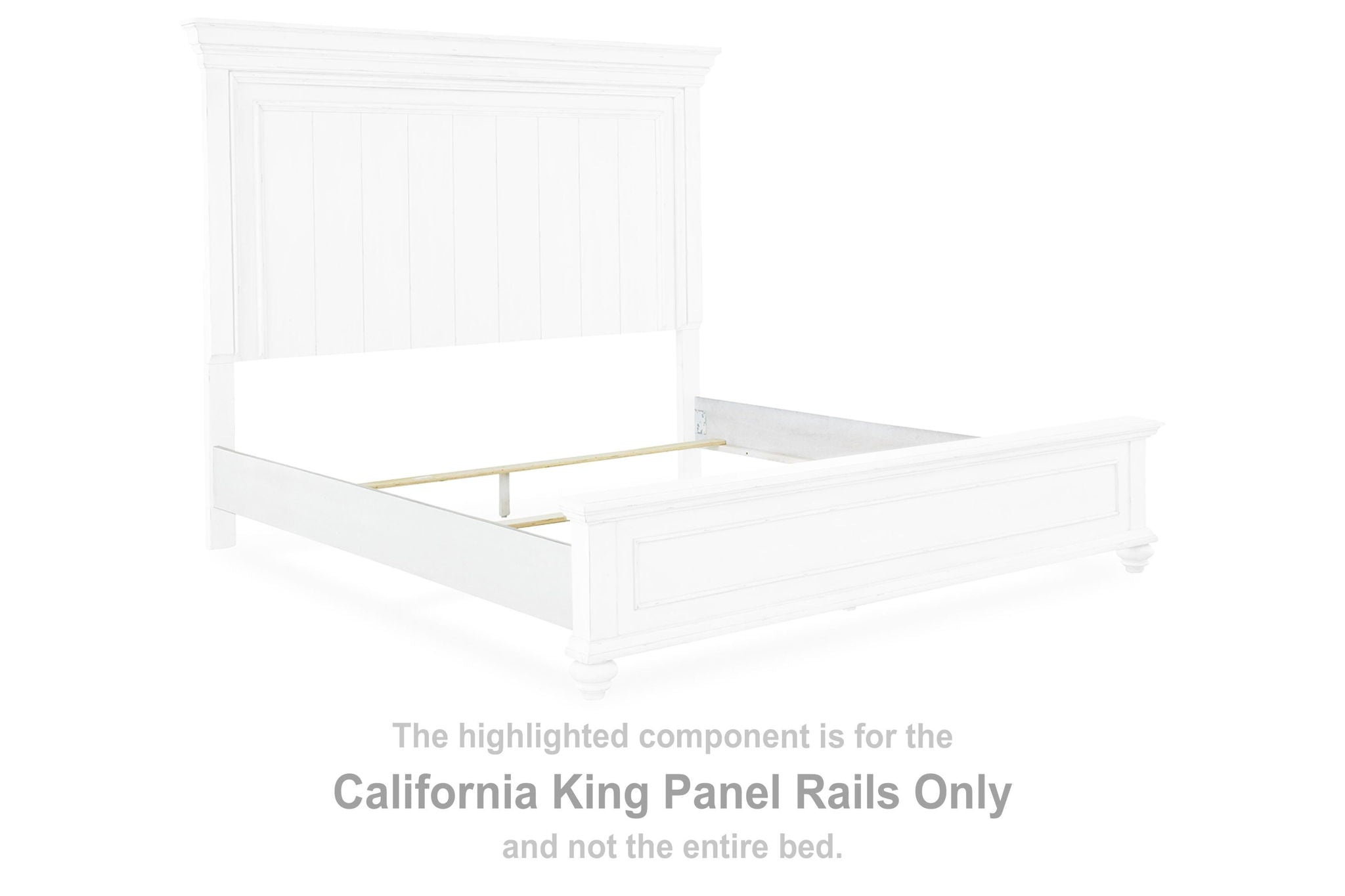 Cal King panel bed rails, whitewash finish with raised center panel details