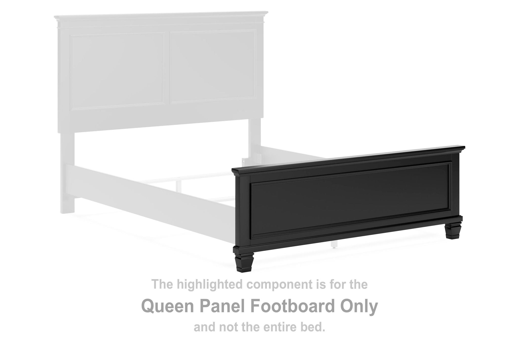 Black queen panel footboard with long front drawer and tapered legs