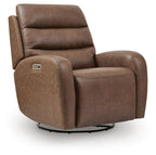 Saddle brown power swivel glider recliner with padded arms and tall backrest