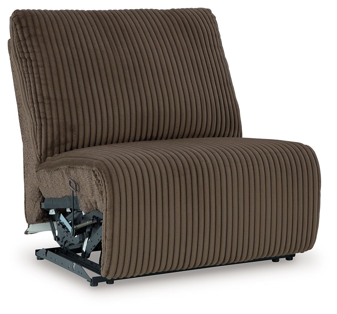 Chocolate armless recliner, side view with ribbed fabric and visible reclining frame.