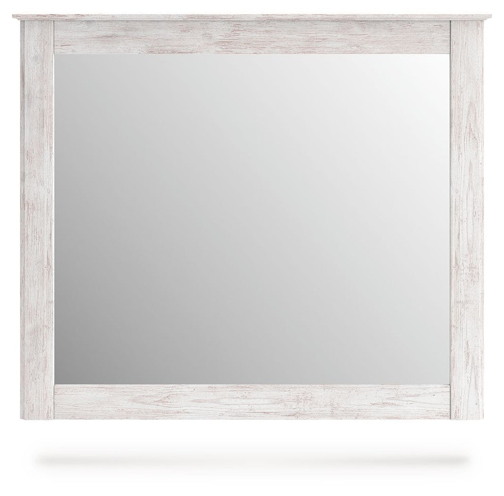 Bedroom mirror with whitewashed wood frame, straight front view of reflective glass