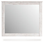 Bedroom mirror with whitewashed wood frame, straight front view of reflective glass