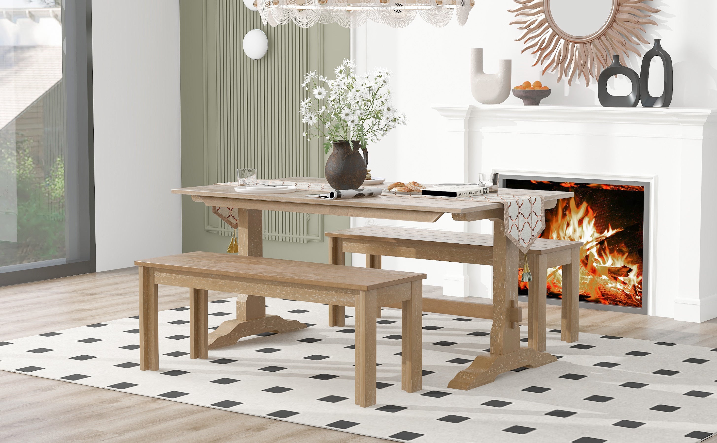 Retro 3-Piece Dining Set (Natural Wood)