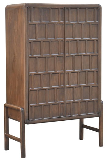 Brown wooden accent cabinet with paneled door and turned legs