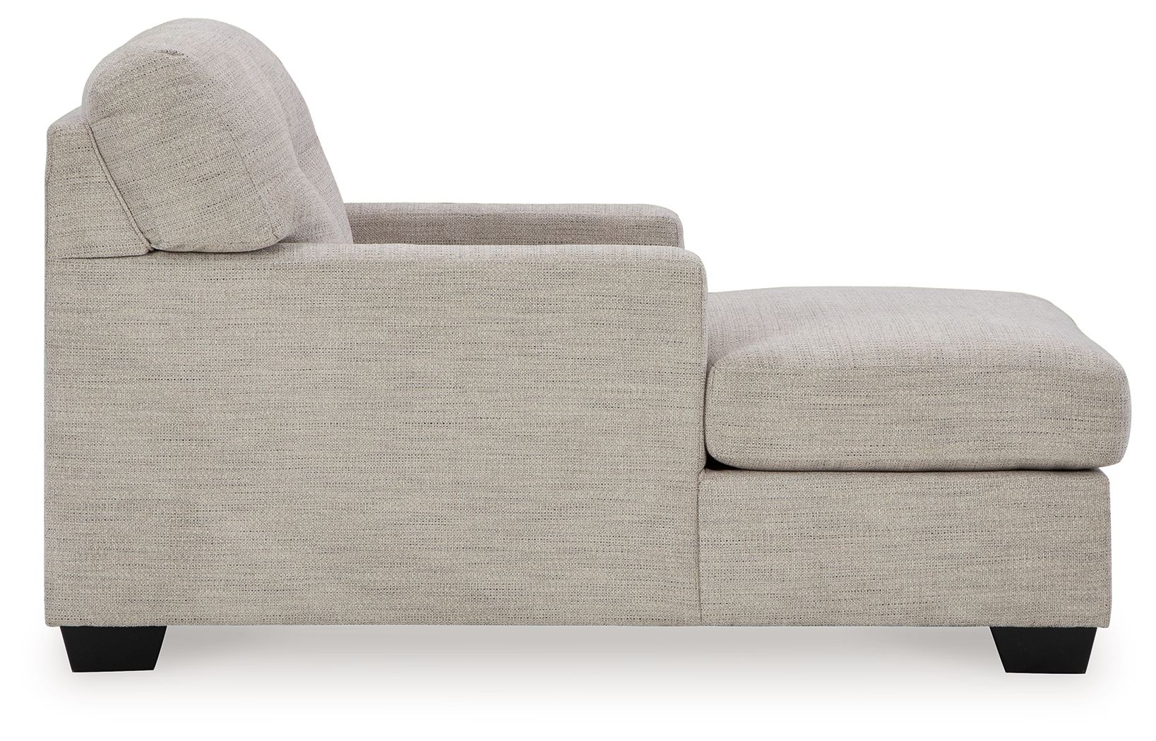Pearl silver upholstered chaise chair with tufted back, track arms, and wide armrest