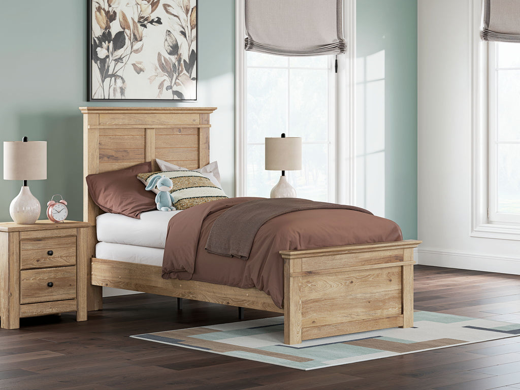 Light brown panel bed with tall headboard, footboard, and side rails, platform style.