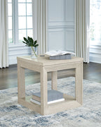 Light bisque square end table with open shelf and black top knob