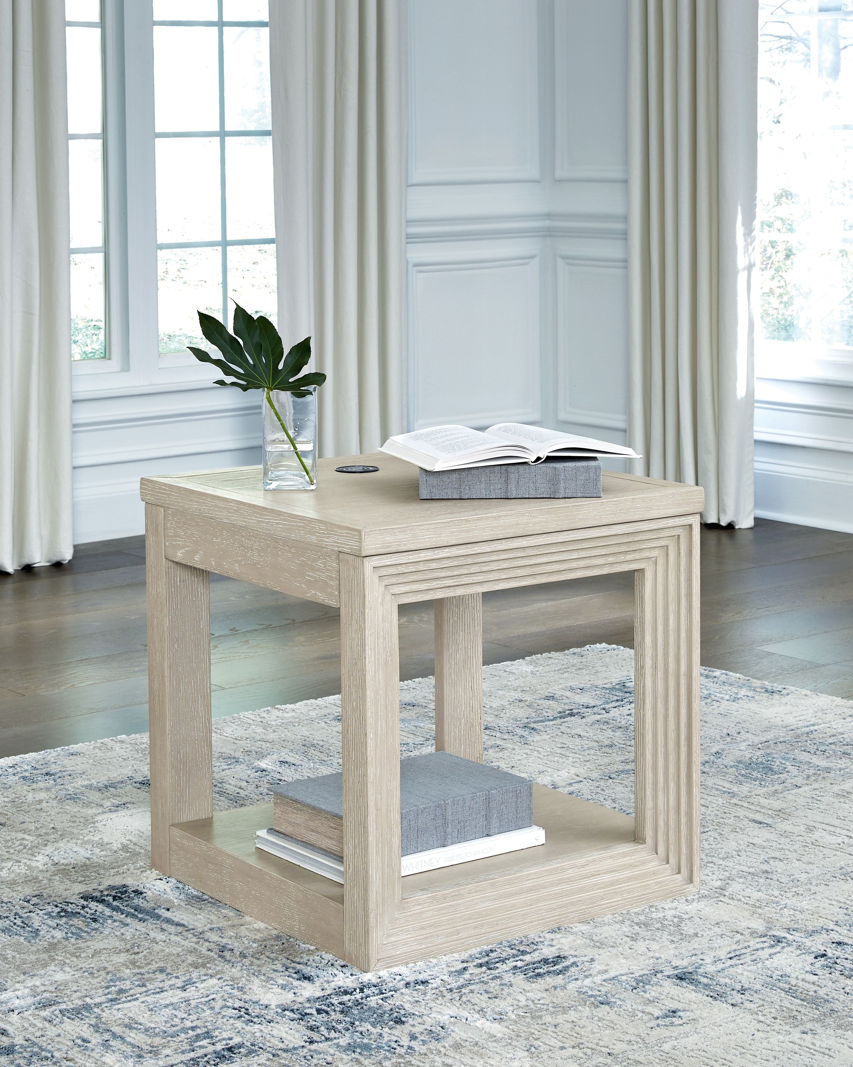 Light bisque square end table with open shelf and black top knob