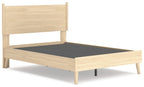 Platform panel bed with light beige wood frame and dark slatted platform base
