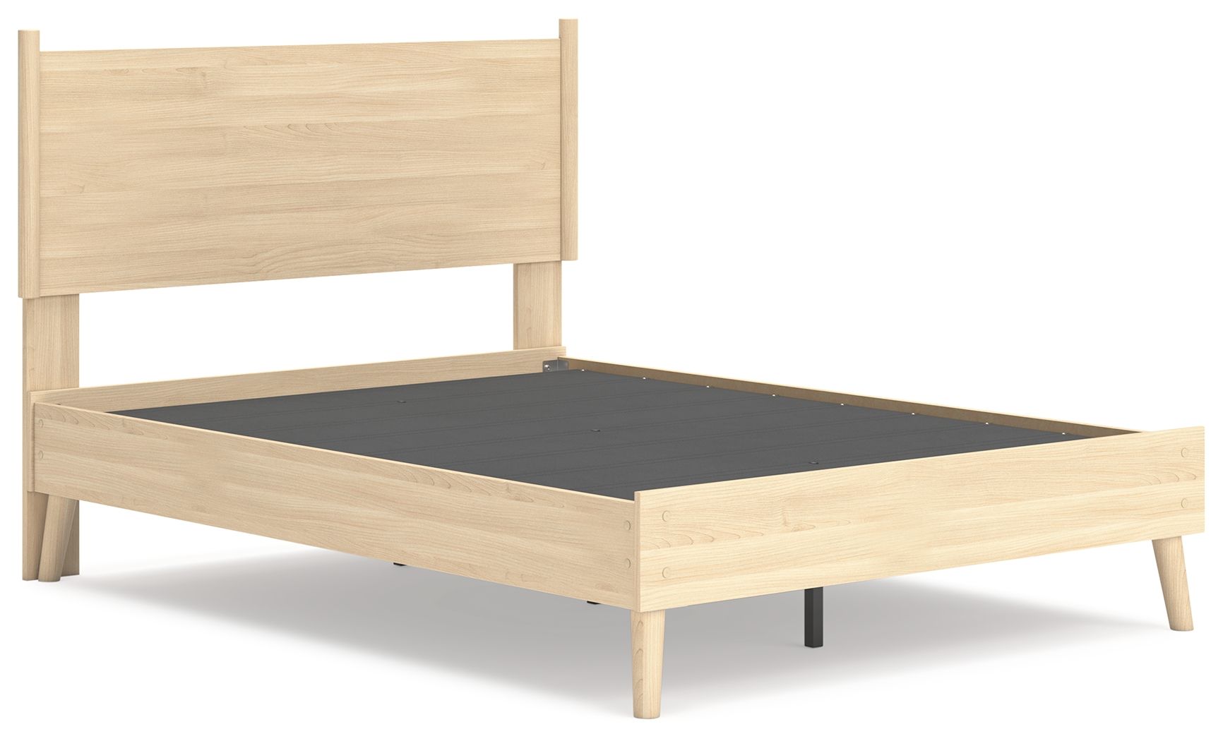 Platform panel bed with light beige wood frame and dark slatted platform base