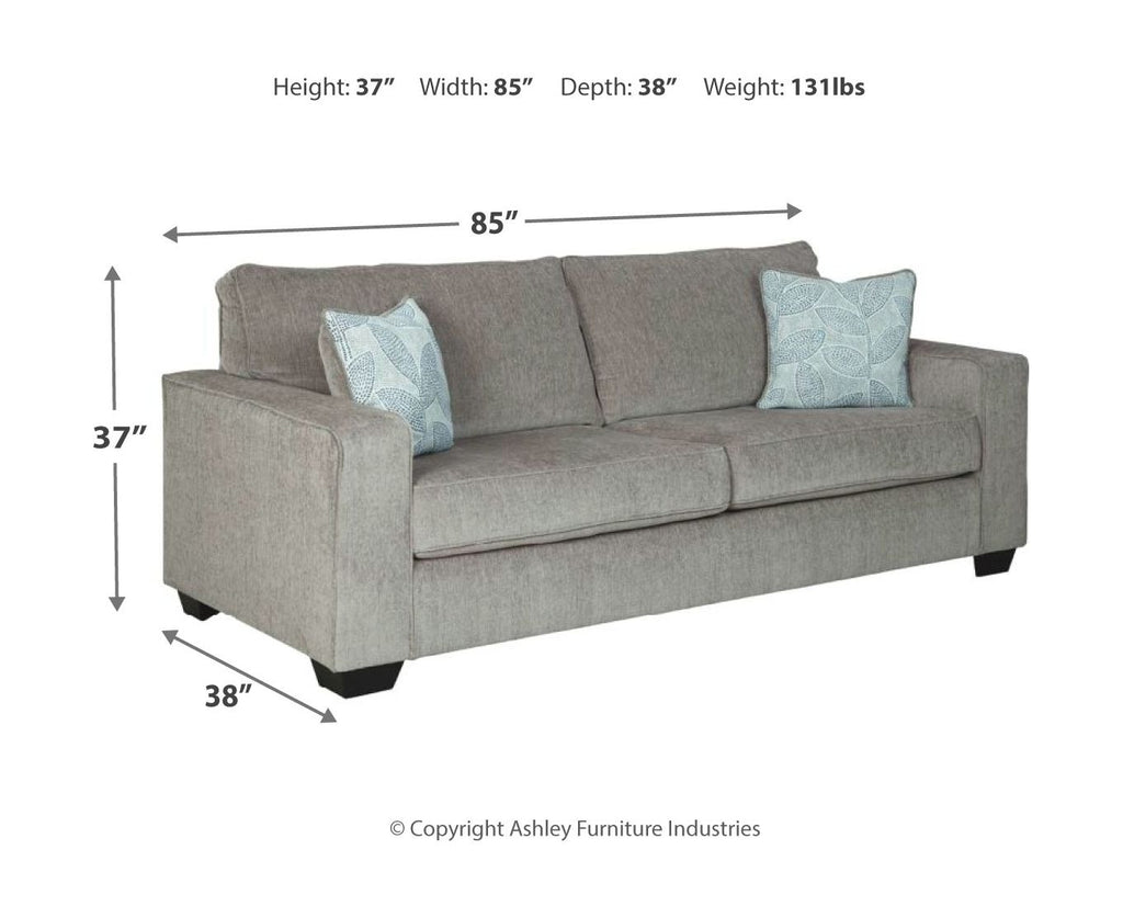 Gray fabric sofa with three seat cushions and patterned accent pillows (85 in wide)