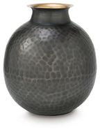Dark gray hammered ceramic vase with wide round body and gold-toned rim