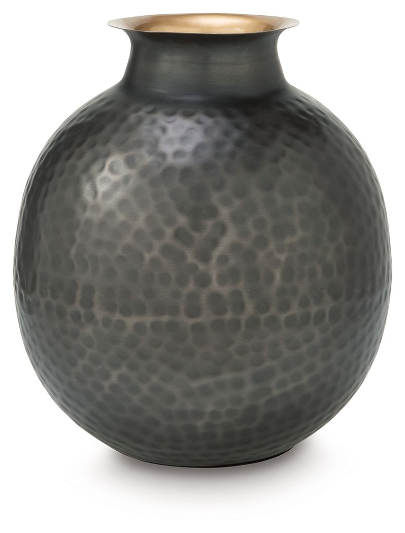 Dark gray hammered ceramic vase with wide round body and gold-toned rim