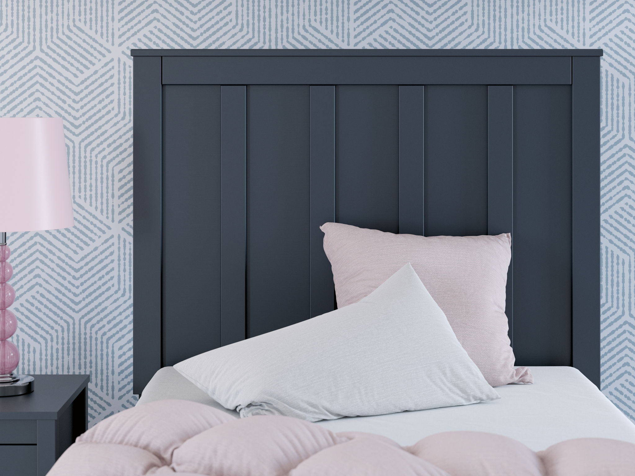 Blue panel headboard with vertical panels behind white bedding